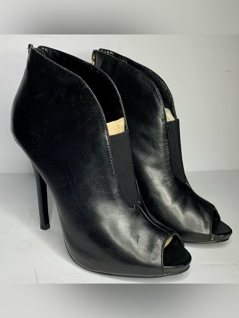 GUESS Ashleigh Black Leather Peep Toe Stiletto Ankle Booties